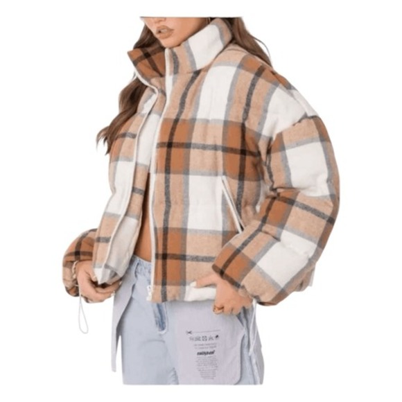 Edikted Presley Plaid Cotton Blend Puffer Jacket Brown Tan Cream Knit M - Picture 3 of 10